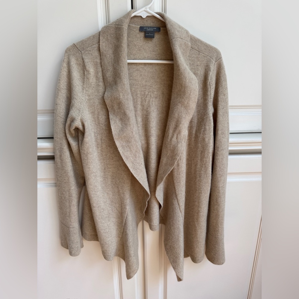 Ann Taylor 100% Cashmere Open Cardigan Tan Large